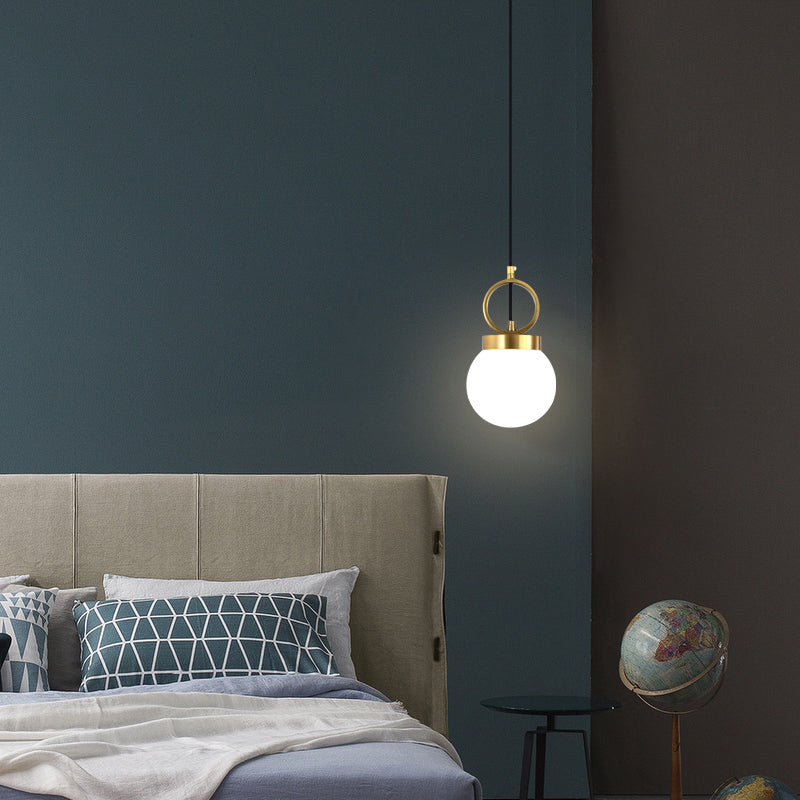 Opal Glass Dining Room Pendant Lamp with Elegant Gold Ring Top - Simplistic Ball Pendulum Light