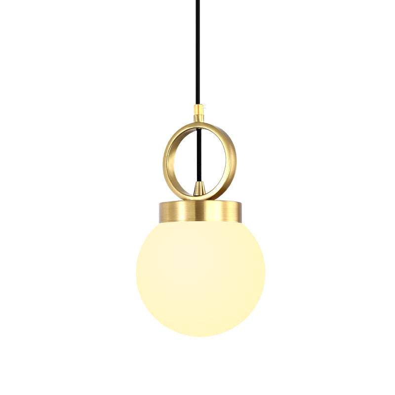 Opal Glass Dining Room Pendant Lamp with Elegant Gold Ring Top - Simplistic Ball Pendulum Light