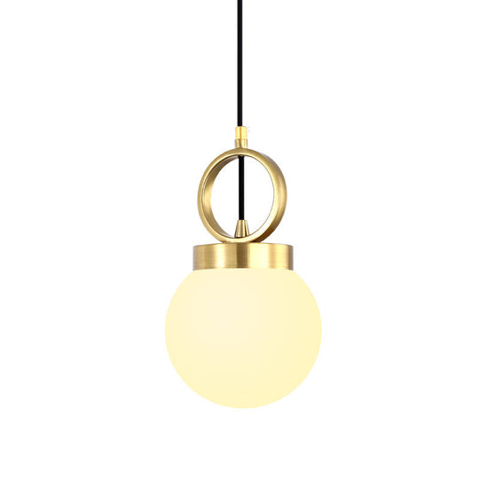 Opal Glass Dining Room Pendant Lamp with Elegant Gold Ring Top - Simplistic Ball Pendulum Light