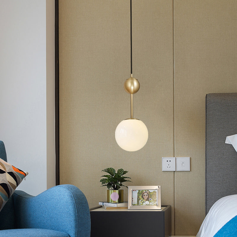 Opaline Glass Ball Pendant Light In Brass - Minimalist Bedside Hanging Lamp