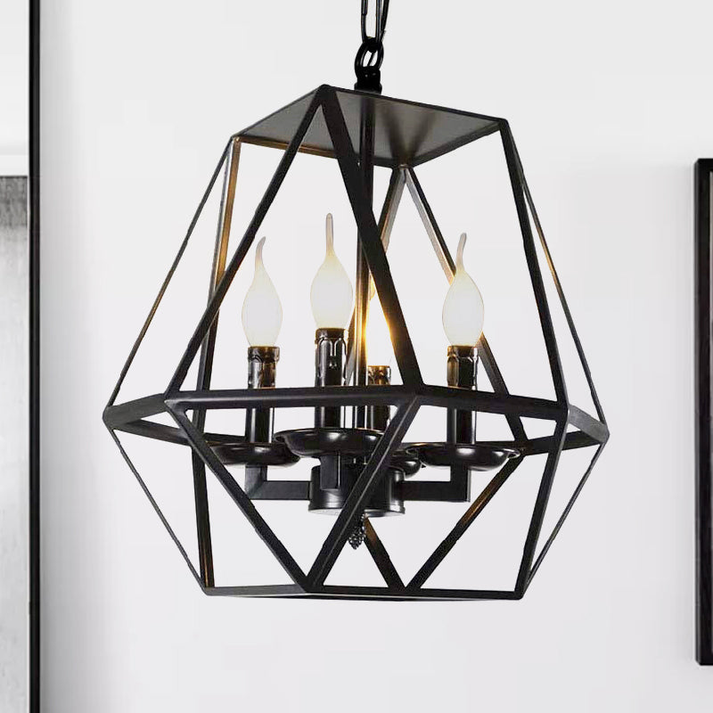 Black Retro Industrial Geometric Cage Chandelier With Adjustable Chain - 4 Heads Ceiling Light