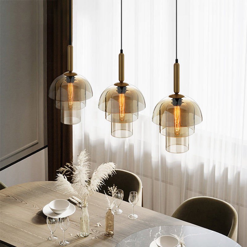 Postmodern Brass Pendant Light Fixture With Cognac Glass Shades - Ideal For Dining Rooms