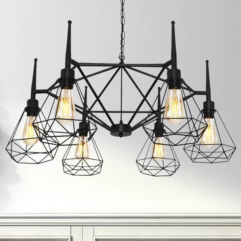 Lustre industriel en fer avec cage et diamants avec chaîne réglable - Plafonnier rétro à plusieurs lumières (noir)