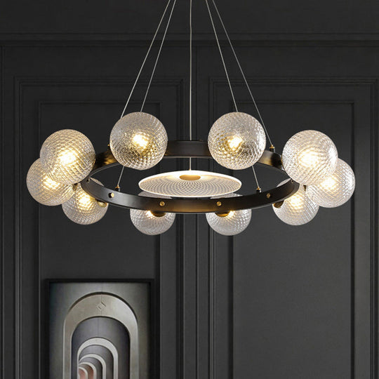 Lustre à suspension boule design noir avec verre à treillis transparent - Luminaire suspendu pour restaurant