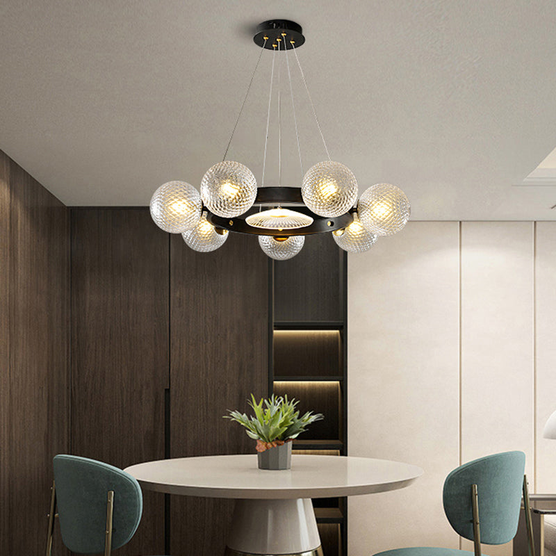 Lustre à suspension boule design noir avec verre à treillis transparent - Luminaire suspendu pour restaurant