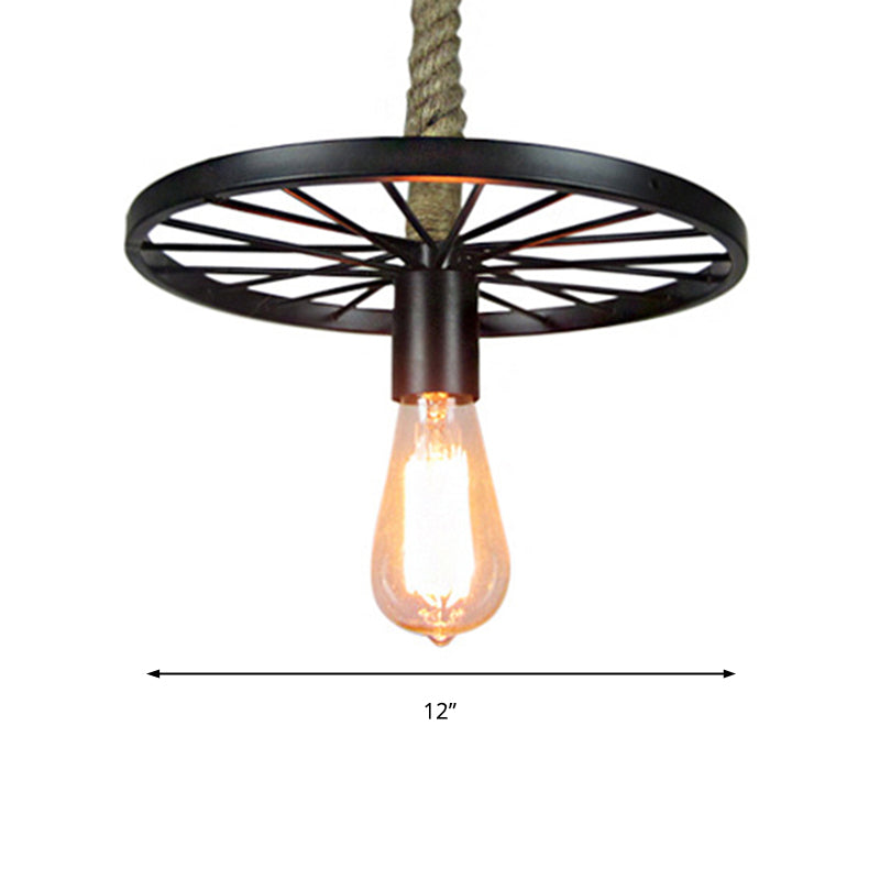 Retro Wheel Pendant Light: Black Metallic Ceiling Fixture with Bare Bulb for Restaurant