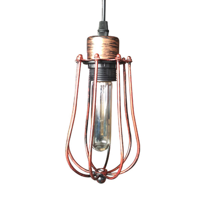 Wrought Iron Caged Pendant Light Rustic Industrial Coffee Shop Suspension Light, Aged Silver/Weathered Copper