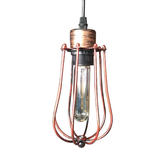 Wrought Iron Caged Pendant Light Rustic Industrial Coffee Shop Suspension Light, Aged Silver/Weathered Copper