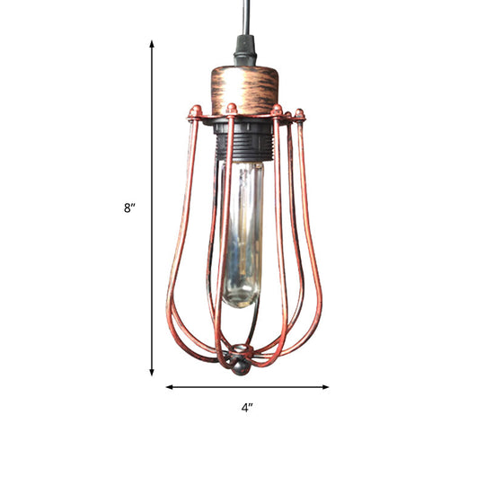 Wrought Iron Caged Pendant Light Rustic Industrial Coffee Shop Suspension Light, Aged Silver/Weathered Copper