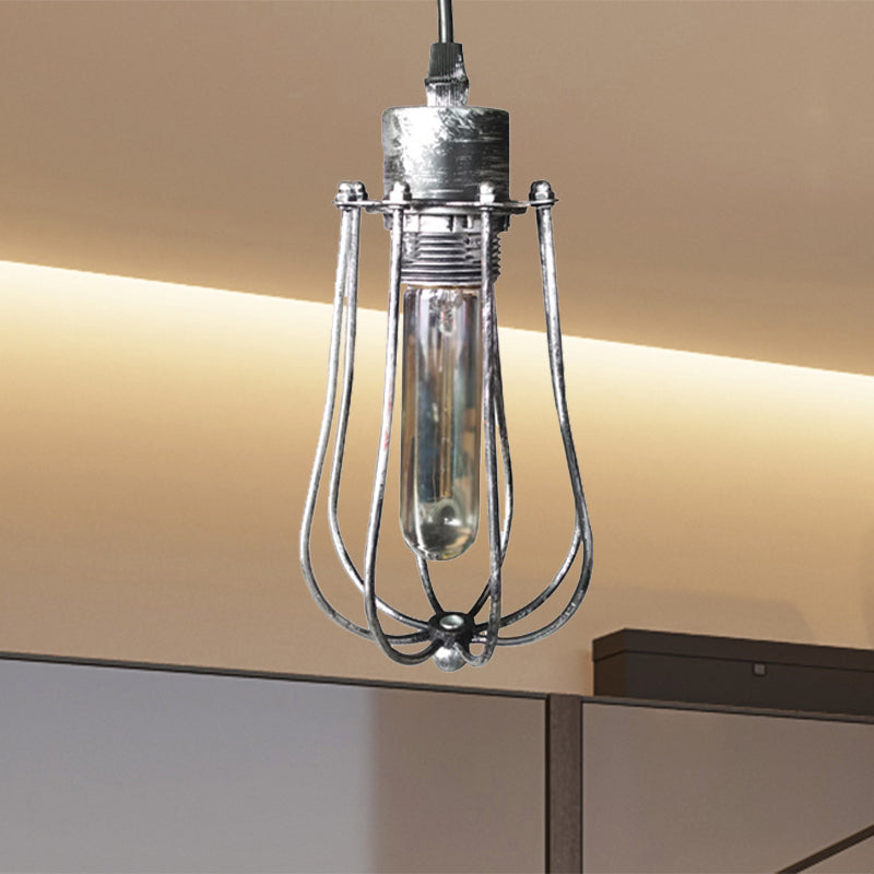 Wrought Iron Caged Pendant Light Rustic Industrial - Coffee Shop Suspension In Aged Silver/Copper