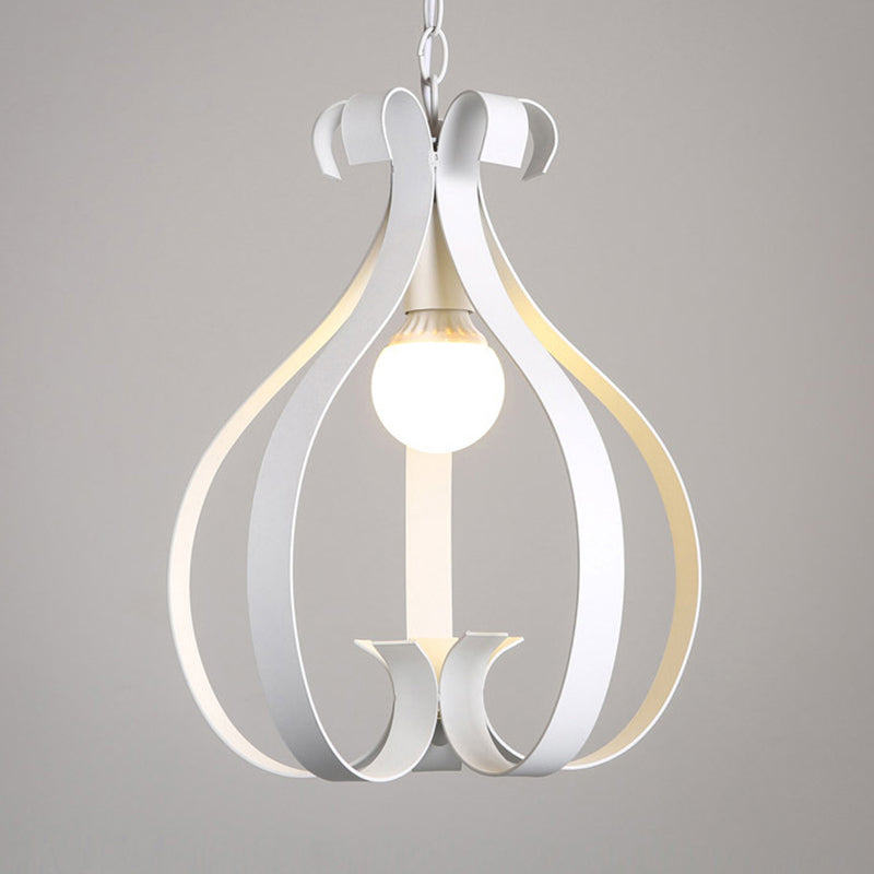 Industrial Gourd Cage Pendant Light - Metallic 1-Head Ceiling Hanging Lamp In Black/White For Living