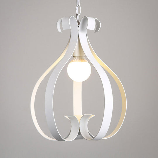 Industrial Gourd Cage Pendant Light - Metallic 1-Head Ceiling Hanging Lamp In Black/White For Living