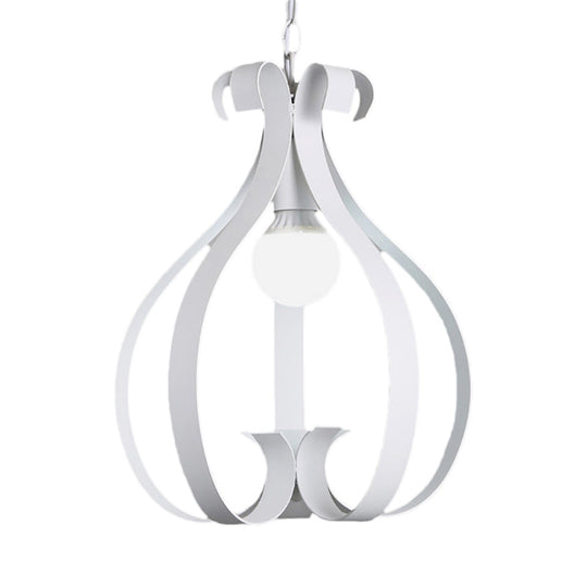 Industrial Gourd Cage Pendant Light - Metallic 1-Head Ceiling Hanging Lamp In Black/White For Living