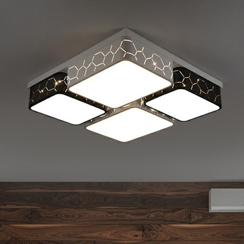 Checkered LED Flush Light: Black & White Nordic Ceiling Lamp with Acrylic Hollow Design