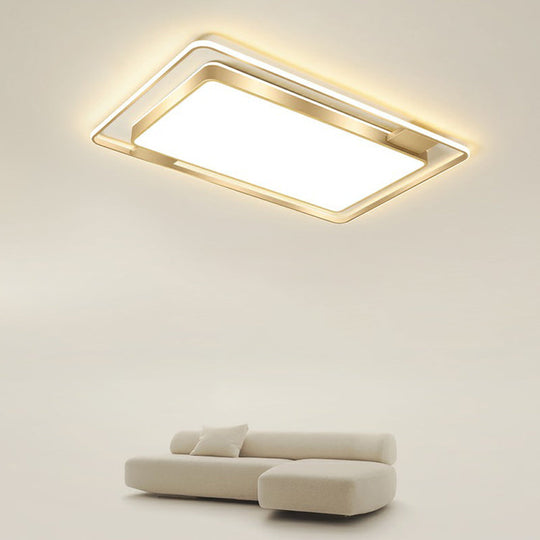 Minimalistic LED Metal Flush Mount Ceiling Light with Recessed Diffuser - Golden Rectangular Design