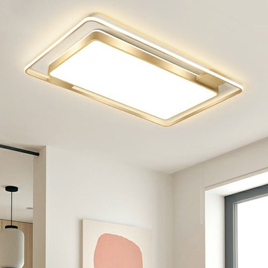 Minimalistic LED Metal Flush Mount Ceiling Light with Recessed Diffuser - Golden Rectangular Design