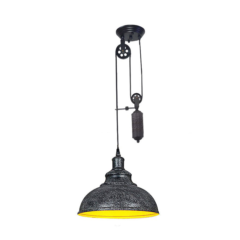Rustic Industrial Dome Pendant Lamp With Pulley - 1 Light Brown/Grey Fixture For Living Room
