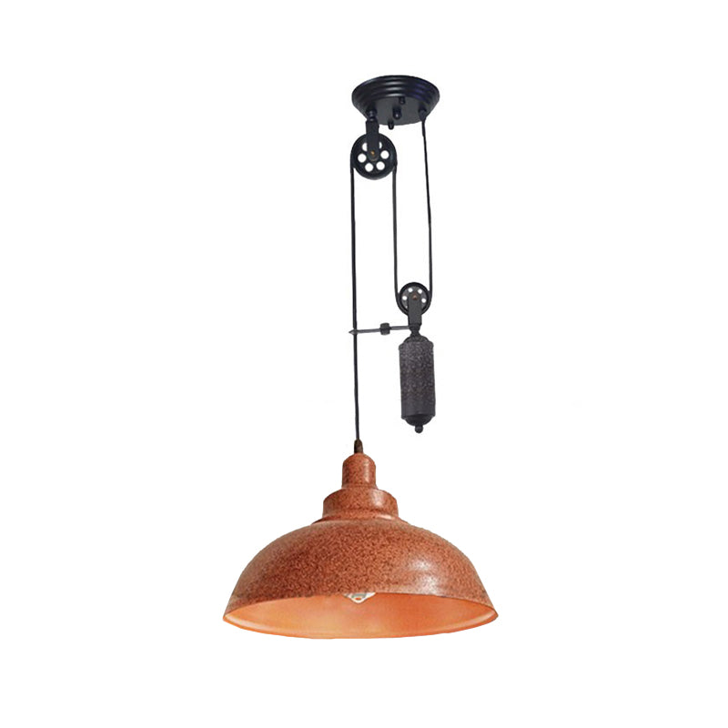 Lampe suspendue rustique industrielle en forme de dôme avec poulie - 1 luminaire en métal marron/gris pour l'éclairage du salon
