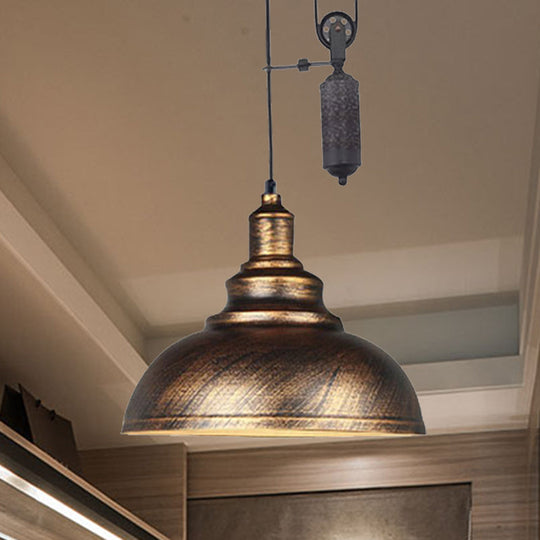 Rustic Industrial Dome Pendant Lamp With Pulley - 1 Light Brown/Grey Fixture For Living Room Bronze