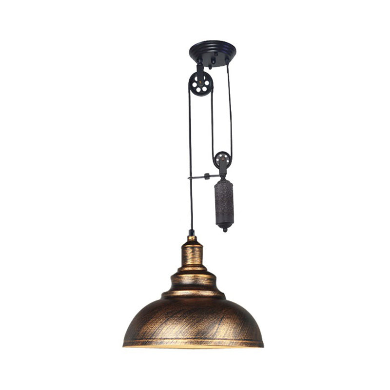 Lampe suspendue rustique industrielle en forme de dôme avec poulie - 1 luminaire en métal marron/gris pour l'éclairage du salon