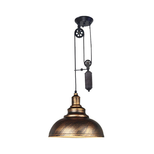 Lampe suspendue rustique industrielle en forme de dôme avec poulie - 1 luminaire en métal marron/gris pour l'éclairage du salon