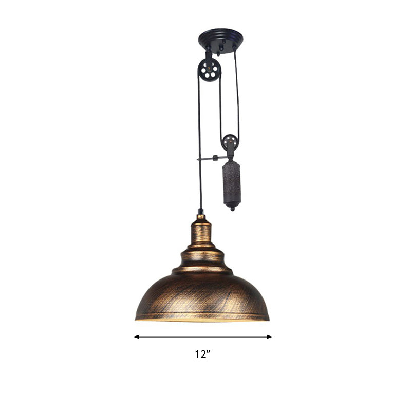 Rustic Industrial Dome Pendant Lamp With Pulley - 1 Light Brown/Grey Fixture For Living Room