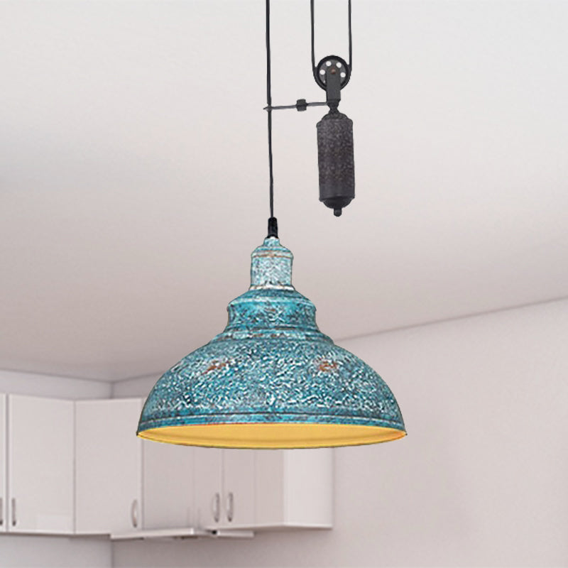 Rustic Industrial Dome Pendant Lamp With Pulley - 1 Light Brown/Grey Fixture For Living Room Blue