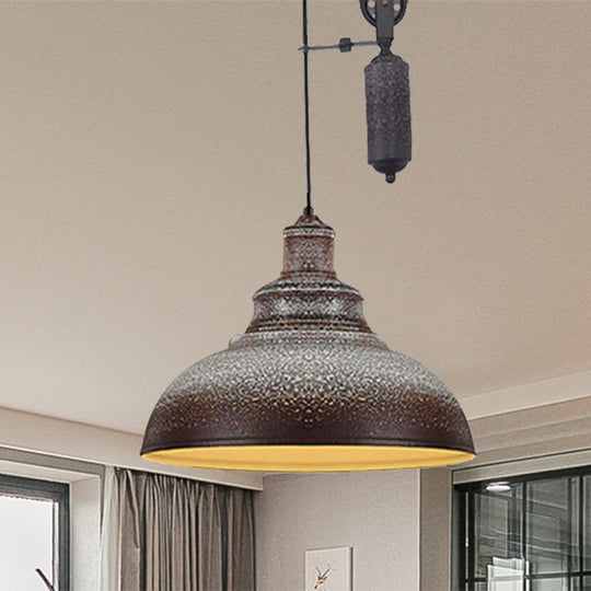 Rustic Industrial Dome Pendant Lamp With Pulley - 1 Light Brown/Grey Fixture For Living Room Brown