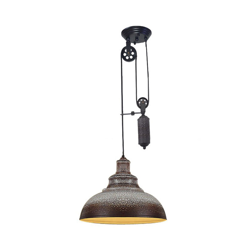 Lampe suspendue rustique industrielle en forme de dôme avec poulie - 1 luminaire en métal marron/gris pour l'éclairage du salon