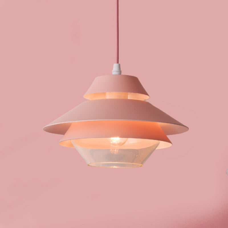 Stylish Macaron Pendant Light In Blue/Green For Living Room - 1 Metallic Hanging Ceiling Lamp Pink