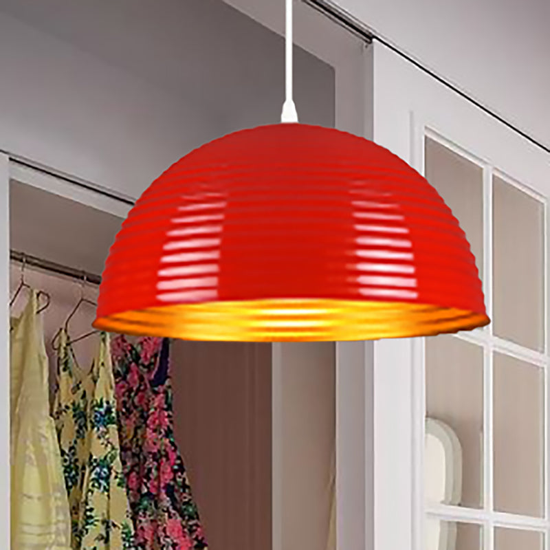 Contemporary Dome Shade Pendant Light With Ruffle - Single Head Red/Yellow/Blue 12/16/19.5 Wide