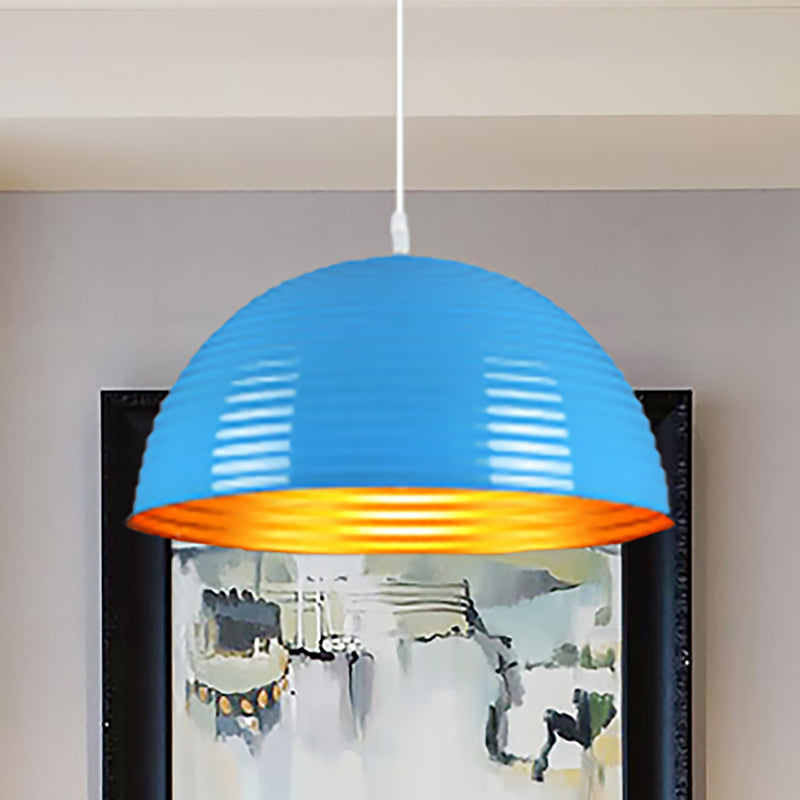 Contemporary Dome Shade Pendant Light With Ruffle - Single Head Red/Yellow/Blue 12/16/19.5 Wide Blue