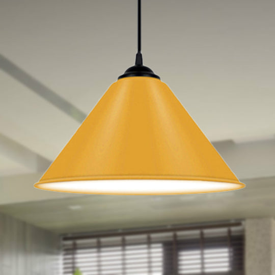 Modern Metal Cone Hanging Light, 1-Light Pink/Yellow/Green Pendant Light, 12"/14"/16" Dia