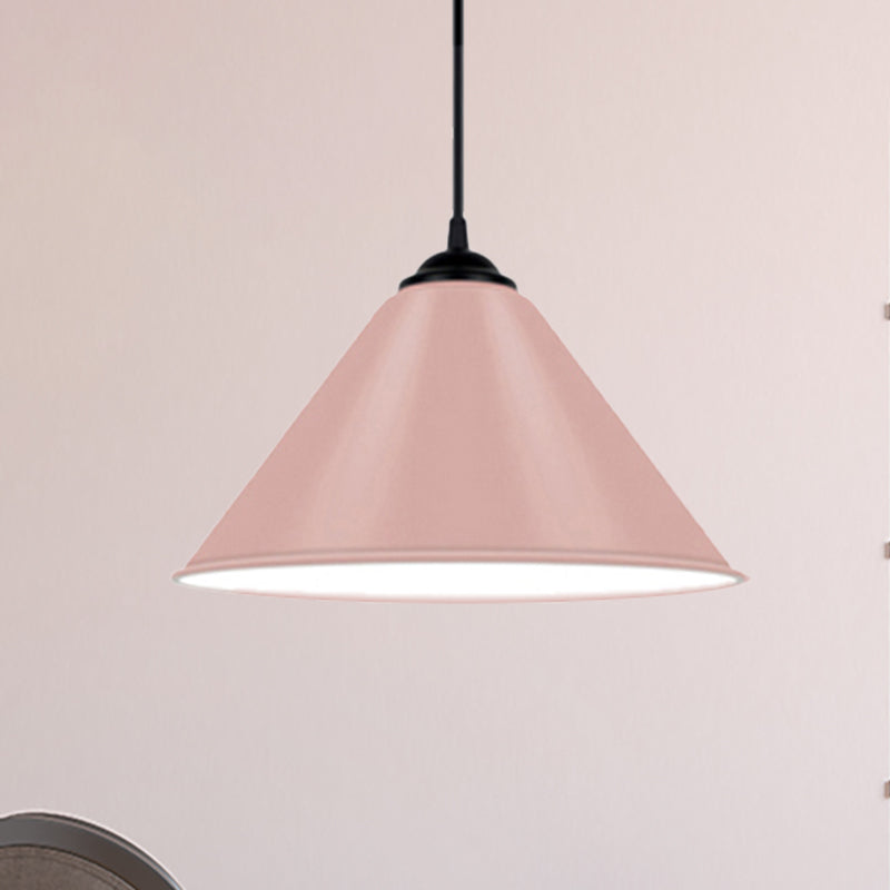 Modern Metal Cone Hanging Light, 1-Light Pink/Yellow/Green Pendant Light, 12"/14"/16" Dia