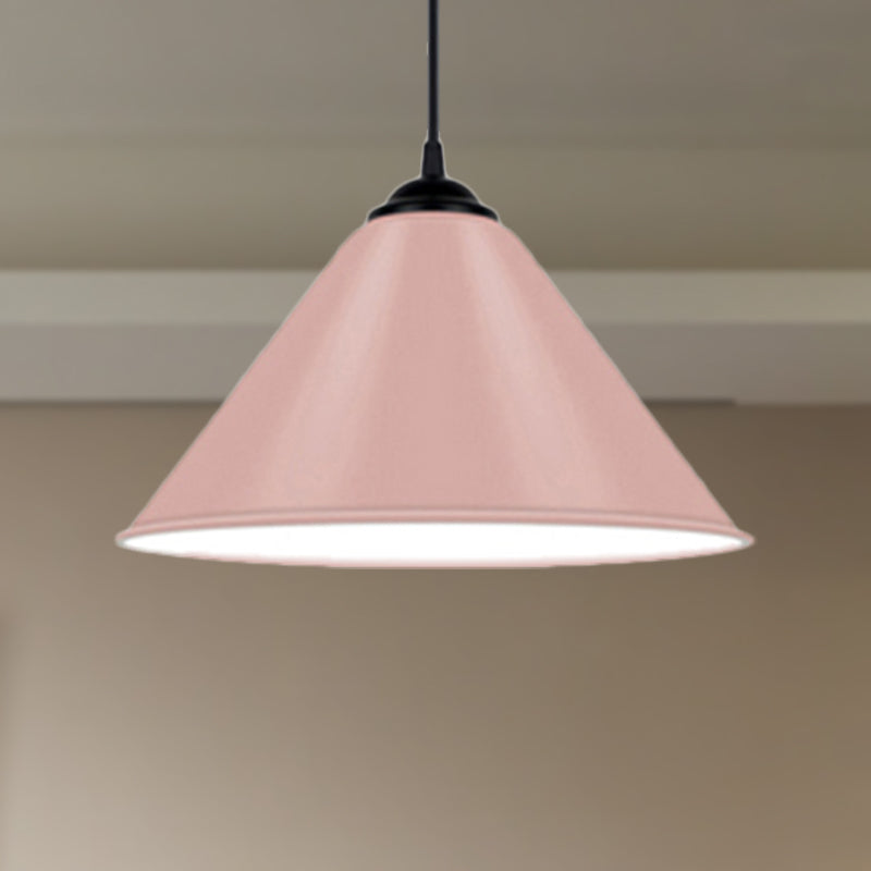 Modern Metal Cone Hanging Light, 1-Light Pink/Yellow/Green Pendant Light, 12"/14"/16" Dia