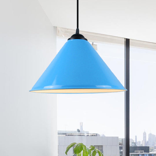 Modern Metal Cone Hanging Light, 1-Light Pink/Yellow/Green Pendant Light, 12"/14"/16" Dia