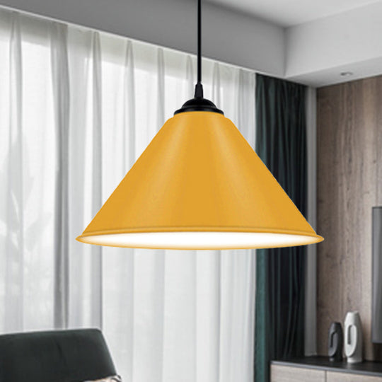 Modern Metal Cone Hanging Light, 1-Light Pink/Yellow/Green Pendant Light, 12"/14"/16" Dia