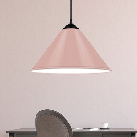 Modern Metal Cone Hanging Light, 1-Light Pink/Yellow/Green Pendant Light, 12"/14"/16" Dia