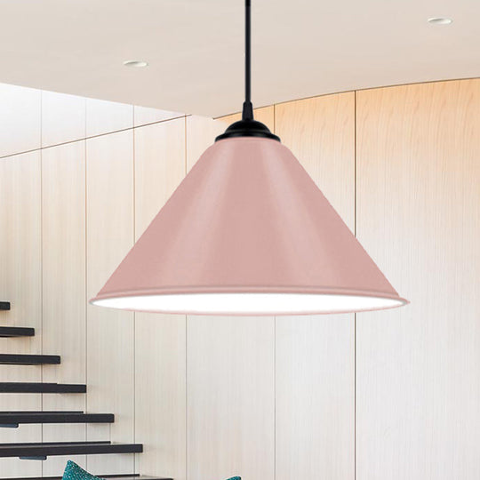 Modern Metal Cone Hanging Light, 1-Light Pink/Yellow/Green Pendant Light, 12"/14"/16" Dia