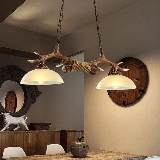 Brown Glass Island Lamp - 2-Bulb Suspension Light For Restaurants With Traditional Design