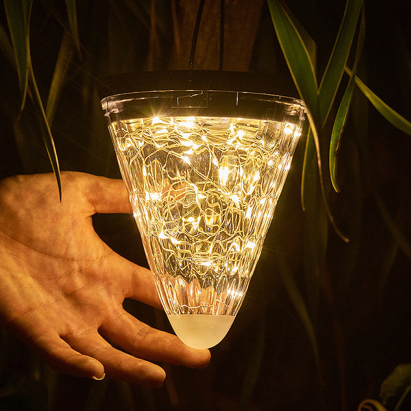 Black Conical Outdoor Solar Hanging Lamp With Clear Glass And Led Suspension Light / Warm