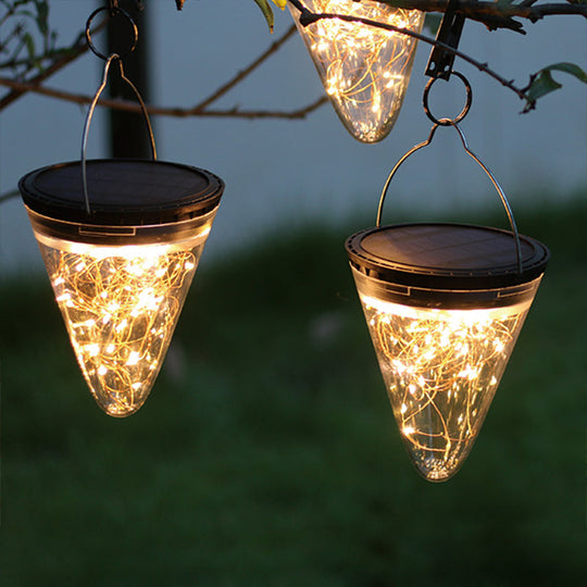 Black Conical Outdoor Solar Hanging Lamp With Clear Glass And Led Suspension Light