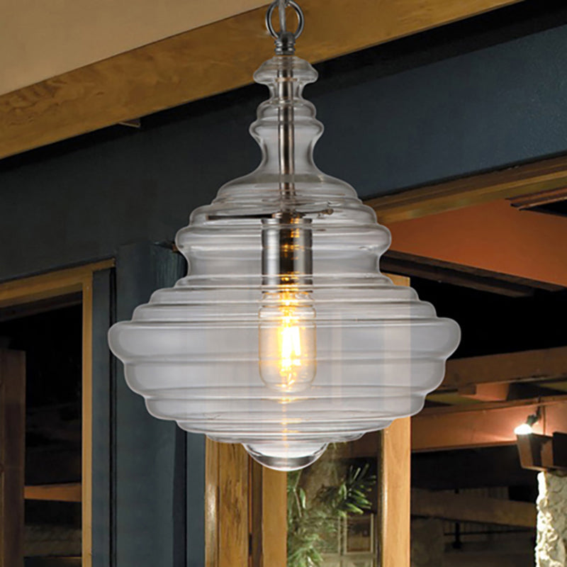 Modern Spool/Bell Pendant Light With Clear/Blue Ruffle Glass: Stylish Ceiling Lighting For Bedrooms