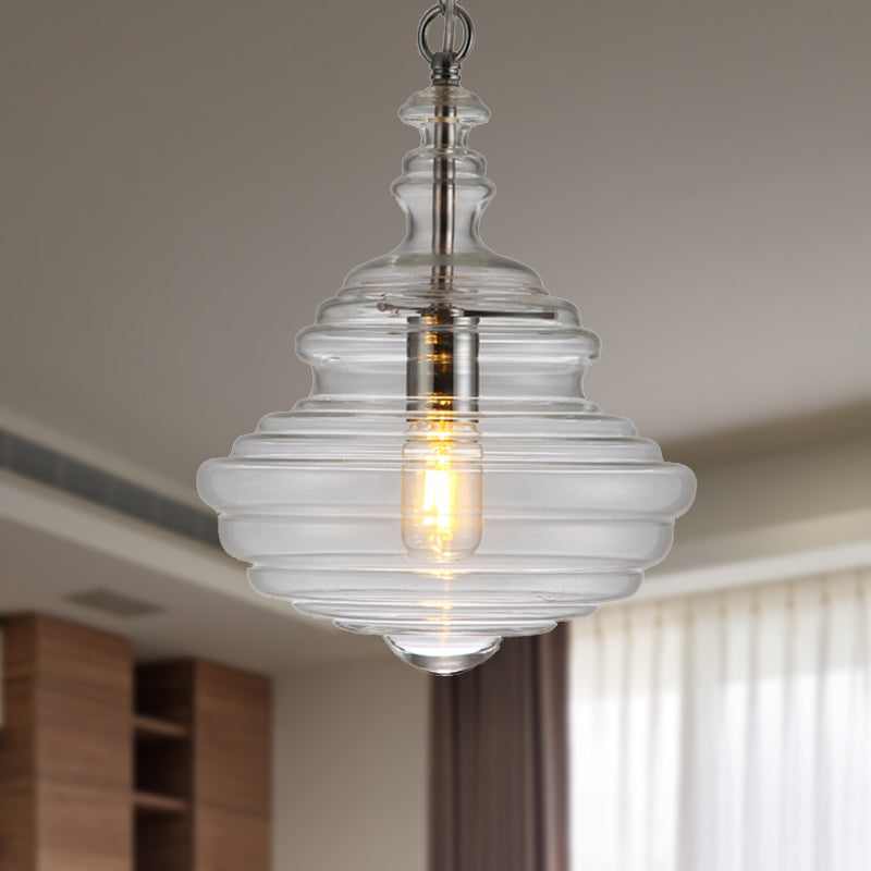 Modern Spool/Bell Pendant Light With Clear/Blue Ruffle Glass: Stylish Ceiling Lighting For Bedrooms