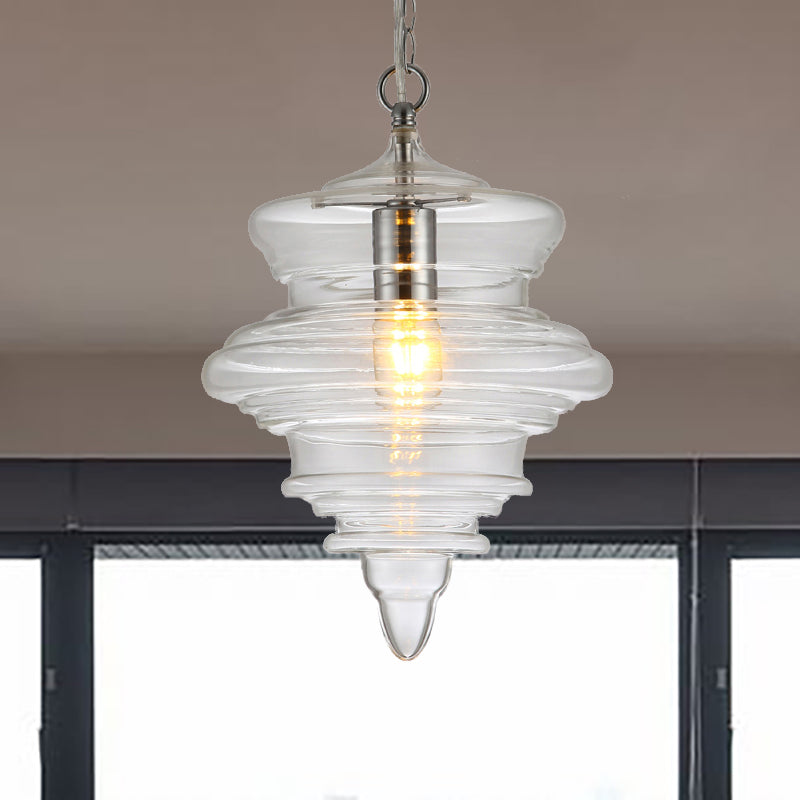 Modern Spool/Bell Pendant Light With Clear/Blue Ruffle Glass: Stylish Ceiling Lighting For Bedrooms