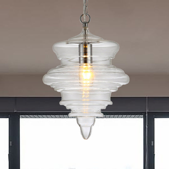Modern Spool/Bell Pendant Light With Clear/Blue Ruffle Glass: Stylish Ceiling Lighting For Bedrooms