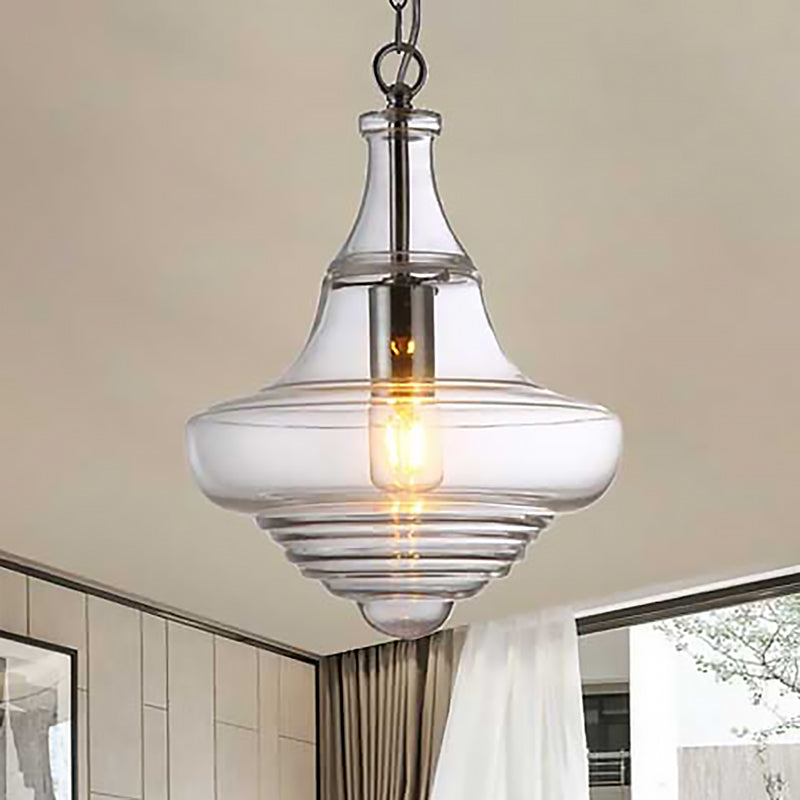 Modern Spool/Bell Pendant Light With Clear/Blue Ruffle Glass: Stylish Ceiling Lighting For Bedrooms