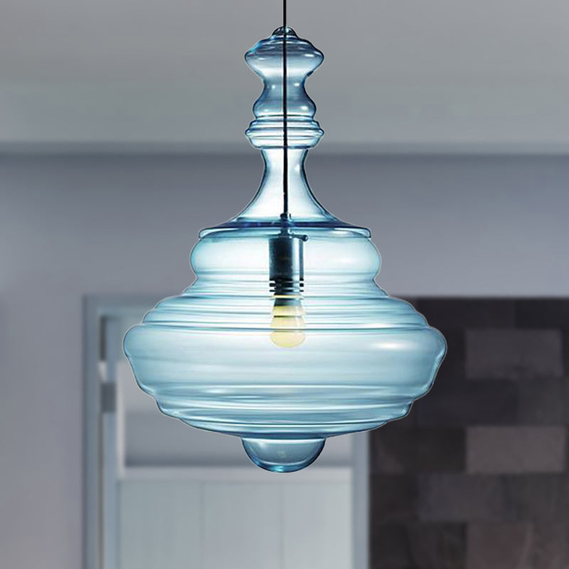 Modern Spool/Bell Pendant Light With Clear/Blue Ruffle Glass: Stylish Ceiling Lighting For Bedrooms