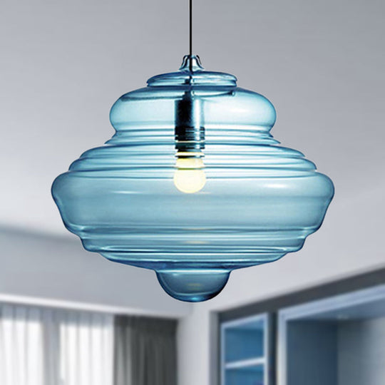 Modern Spool/Bell Pendant Light With Clear/Blue Ruffle Glass: Stylish Ceiling Lighting For Bedrooms
