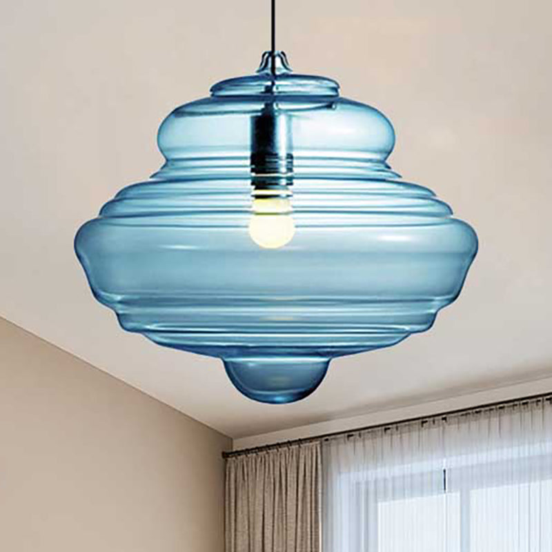 Modern Spool/Bell Pendant Light With Clear/Blue Ruffle Glass: Stylish Ceiling Lighting For Bedrooms